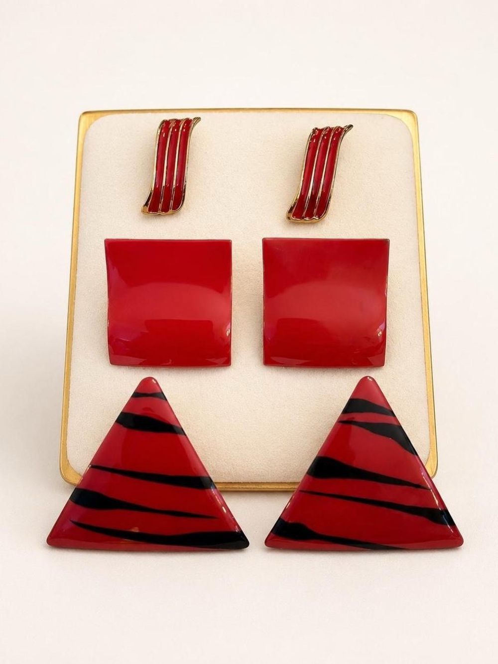 80s Vintage Red Geometric Earrings Bundle of 3